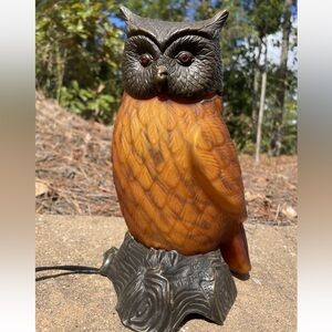 Vintage Tin Chi 1996 OWL Lamp Amber Glass With Red Jewel Eyes